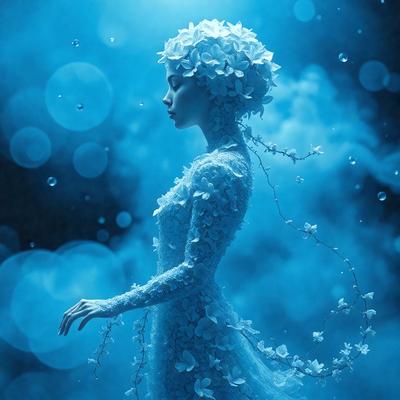 The primary subject of the image is a woman dressed in a white gown, standing in a blue, cloudy environment. She appears to be a character from a fairy tale or a fantasy story. The setting is a blue, cloudy sky, which adds to the overall atmosphere of the image. The visual style of the image is digital art, as it is a detailed and intricate illustration of the woman. The colors in the image are predominantly blue and white, creating a serene and magical mood.